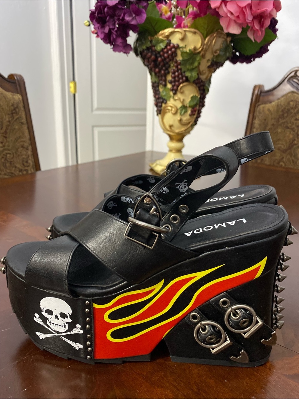 Lamo Black Platform Sandals with Red & Yellow Flame and Skull Detail